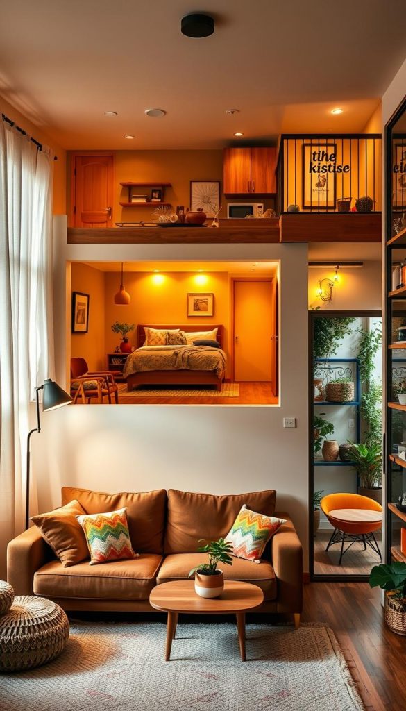 A cozy and inviting interior scene showcasing five different spaces—living room, bedroom, kitchen, hallway, and balcony—each distinct yet unified with warm, natural DIY decor. In the foreground, a beautifully arranged living room features a plush sofa, colorful cushions, and a small coffee table with a plant. The middle section displays a serene bedroom with soft lighting, a neatly made bed, and calming wall colors. The kitchen reveals an open space with wooden cabinets and a warm ambiance. The hallway connects these areas, adorned with tasteful wall art, while a vibrant balcony is filled with greenery and comfortable seating. The atmosphere is inspirational and authentically homey, styled in a Pinterest aesthetic. Subtle, warm lighting enhances the scene, conveying a sense of spaciousness and comfort, embodying the brand "KlickKiste."