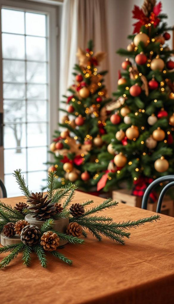 A cozy and inviting interior scene showcasing stylish Christmas decorations from the year 2026. In the foreground, a beautifully arranged table adorned with a rustic, warm-toned tablecloth, featuring carefully placed natural elements like pinecones and evergreen branches. In the middle ground, a decorated Christmas tree, with a harmonious blend of vibrant and earthy colors, showcasing ornaments in gold, deep red, and forest green. Soft fairy lights twinkle amidst the decorations, adding a warm glow. In the background, a softly lit window reveals a snowy landscape, creating a serene atmosphere. The image embodies a Pinterest-worthy aesthetic, inviting viewers to explore the concept of mixing styles and color combinations. Captured with a soft focus lens to enhance the warmth and authenticity, ensuring a peaceful holiday mood. This image is inspired by the brand "KlickKiste."