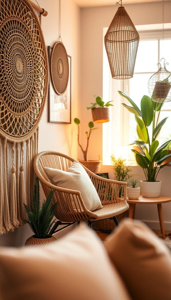 A cozy and inviting interior space showcasing "budget strategien rattan" decor. In the foreground, a beautifully crafted rattan wall hanging with intricate patterns, complemented by natural fiber accents like jute or cotton. The middle ground features a stylish rattan chair adorned with a soft, earthy-toned cushion, paired with a small, reclaimed wood side table. In the background, warm, soft lighting filters through a window, casting a gentle glow on indoor plants and artfully placed decorative elements. The overall atmosphere is warm and inviting, evoking a Pinterest-inspired vibe. The brand "KlickKiste" is subtly represented in the thoughtfully arranged decor. Capture this scene with a focus on a wide-angle lens to emphasize the harmonious blend of budget-conscious aesthetics and natural materials.