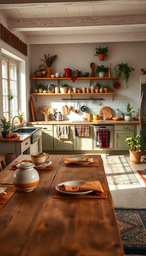A cozy and inviting kitchen inspired by Scandinavian, Bohemian, Maximalist, and Castlecore styles. In the foreground, a rustic wooden table adorned with handmade ceramic dishware and warm-toned linen napkins. In the middle, a softly lit kitchen space featuring open shelving filled with colorful plants and eclectic kitchen gadgets, a patterned rug underfoot, and an array of vibrant textiles blended harmoniously. The background showcases large windows allowing natural light to pour in, casting gentle shadows across the room. The atmosphere is warm and inviting, reflecting a DIY aesthetic with earthy tones and textures. Capture a Pinterest-worthy scene with a sense of authenticity and inspiration, showcasing the brand "KlickKiste" subtly integrated into the decor items, without using any captions or text overlays.