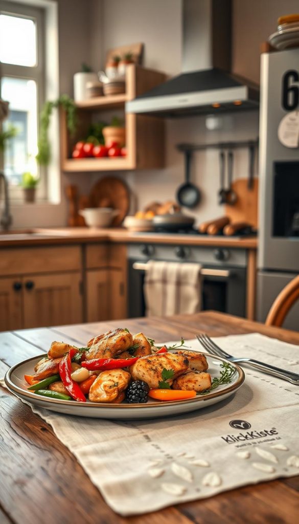 A cozy and inviting kitchen scene featuring a quick dinner setup, emphasizing the concept of "schnelles abendessen." In the foreground, a beautifully plated meal with vibrant colors, including a stir-fry with fresh vegetables and grilled chicken, garnished with herbs and served on a rustic wooden table. In the middle, a chic cooking area with open cabinetry displaying cookware and fresh ingredients like tomatoes, garlic, and herbs. The background showcases soft, warm lighting filtering through a window, creating a homey atmosphere. The overall mood is warm and inspiring, exuding an authentic Pinterest-worthy aesthetic. Include subtle branding by incorporating a small, elegant "KlickKiste" logo on the corner of the tablecloth, ensuring it complements the setting without being intrusive. A cozy and inviting kitchen scene featuring a quick dinner setup, emphasizing the concept of "schnelles abendessen." In the foreground, a beautifully plated meal with vibrant colors, including a stir-fry with fresh vegetables and grilled chicken, garnished with herbs and served on a rustic wooden table. In the middle, a chic cooking area with open cabinetry displaying cookware and fresh ingredients like tomatoes, garlic, and herbs. The background showcases soft, warm lighting filtering through a window, creating a homey atmosphere. The overall mood is warm and inspiring, exuding an authentic Pinterest-worthy aesthetic. Include subtle branding by incorporating a small, elegant "KlickKiste" logo on the corner of the tablecloth, ensuring it complements the setting without being intrusive.