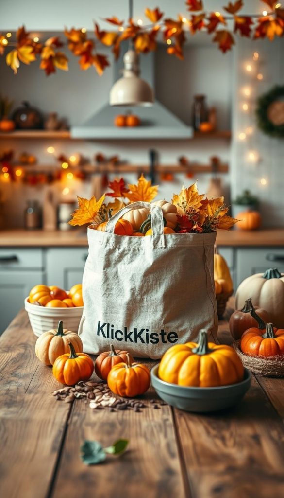 A cozy and inviting kitchen scene that embodies seasonal shopping and budgeting for Halloween. In the foreground, a wooden table displays an array of fresh, colorful ingredients like pumpkins, apples, nuts, and spices, artistically arranged. In the middle, a reusable shopping bag labeled "KlickKiste" is filled with vibrant seasonal produce. The background features a softly lit kitchen with autumn decorations—hanging garlands of leaves and twinkling fairy lights. The warm, golden lighting creates a welcoming atmosphere, enhancing the authenticity and inspiration of the scene. The angle is slightly from above, capturing both the details on the table and the charming decorations, evoking a sense of preparing for festive family activities on a budget. A cozy and inviting kitchen scene that embodies seasonal shopping and budgeting for Halloween. In the foreground, a wooden table displays an array of fresh, colorful ingredients like pumpkins, apples, nuts, and spices, artistically arranged. In the middle, a reusable shopping bag labeled "KlickKiste" is filled with vibrant seasonal produce. The background features a softly lit kitchen with autumn decorations—hanging garlands of leaves and twinkling fairy lights. The warm, golden lighting creates a welcoming atmosphere, enhancing the authenticity and inspiration of the scene. The angle is slightly from above, capturing both the details on the table and the charming decorations, evoking a sense of preparing for festive family activities on a budget.