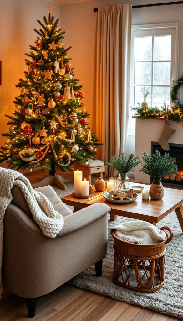 A cozy and inviting living room decorated for Christmas, showcasing a beautifully adorned Christmas tree with warm, twinkling lights and handmade ornaments. In the foreground, a soft knitted blanket drapes over a stylish armchair, while a small table holds festive candles and a vase of pine branches. The middle includes a wooden coffee table adorned with gingerbread cookies and a bowl of ornaments, surrounded by a plush rug. The background features a softly lit window with snowflakes gently falling outside, enhancing the winter atmosphere. The color palette consists of earthy tones with golden highlights, creating a warm, inviting ambiance. The scene exudes a natural DIY aesthetic with a Pinterest-worthy look, echoing the brand "KlickKiste," ideal for residential Christmas decoration inspiration.