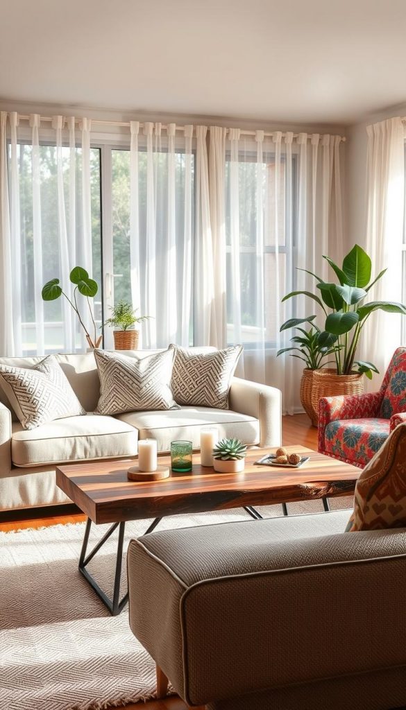 A cozy and inviting living room, designed for a fresh and modern look. In the foreground, a plush, light-colored couch adorned with patterned throw pillows invites relaxation, while a sleek coffee table made of reclaimed wood showcases stylish decor items like candles and succulents. In the middle ground, an accent chair with vibrant fabric adds a pop of color, surrounded by a soft area rug that enhances the warmth of the space. The background features large windows draped with sheer curtains, allowing natural light to flood the room, creating a bright and airy atmosphere. Subtle indoor plants add a touch of greenery, contributing to a Pinterest-inspired aesthetic. The overall mood is authentic and inspiring, merging natural DIY elements with warm hues. A subtle hint of the brand "KlickKiste" as part of the decor complements the scene.