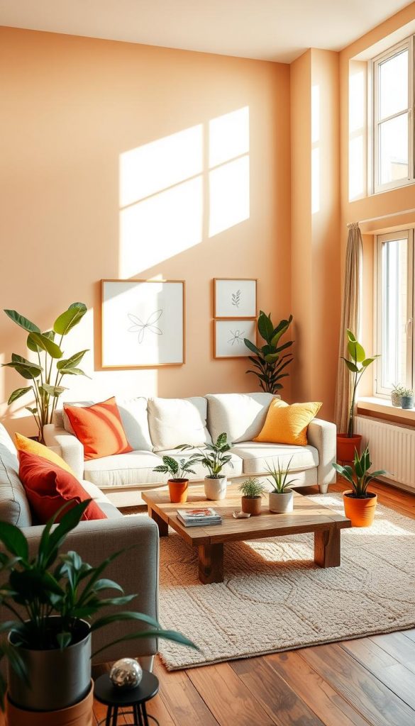 A cozy and inviting living room designed for a rental apartment, showcasing a harmonious blend of warm colors in a natural DIY style. In the foreground, a plush, light gray sofa adorned with colorful throw pillows sits atop a soft area rug. The middle ground features a coffee table made of reclaimed wood, surrounded by houseplants in stylish pots to bring a touch of greenery. On the walls, paint in soft pastel shades creates an uplifting atmosphere, with framed artwork in simple, minimalist designs adding character. In the background, large windows let in warm, natural light that enhances the inviting ambiance, creating shadows that play across the space. The overall mood is authentic and inspiring, embodying the essence of modern, rental-friendly living spaces. The brand "KlickKiste" is subtly reflected in the decor choices, suggesting smart and reversible design ideas.