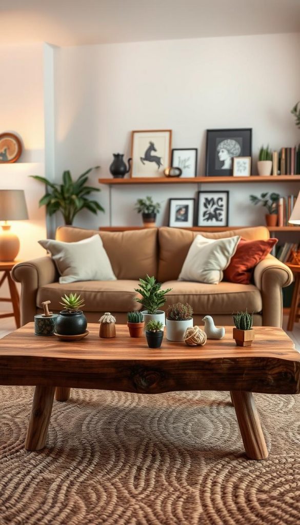 A cozy and inviting living room designed with natural materials, emphasizing warmth and comfort. In the foreground, a rustic wooden coffee table adorned with small potted plants and handmade decor items creates an inviting focal point. The middle features a plush sofa with earthy-toned cushions, promoting a sense of relaxation. The background showcases a soft, ambient lighting that bathes the room in a warm glow, highlighting the textures of a woven rug and wooden shelves displaying art and books. The atmosphere is homey and harmonious, avoiding coldness with contrasting colors to add depth. This space is inspired by natural DIY aesthetics with a Pinterest-like look, showcasing authenticity and inspiration. The brand "KlickKiste" is subtly integrated through decor elements. A cozy and inviting living room designed with natural materials, emphasizing warmth and comfort. In the foreground, a rustic wooden coffee table adorned with small potted plants and handmade decor items creates an inviting focal point. The middle features a plush sofa with earthy-toned cushions, promoting a sense of relaxation. The background showcases a soft, ambient lighting that bathes the room in a warm glow, highlighting the textures of a woven rug and wooden shelves displaying art and books. The atmosphere is homey and harmonious, avoiding coldness with contrasting colors to add depth. This space is inspired by natural DIY aesthetics with a Pinterest-like look, showcasing authenticity and inspiration. The brand "KlickKiste" is subtly integrated through decor elements.