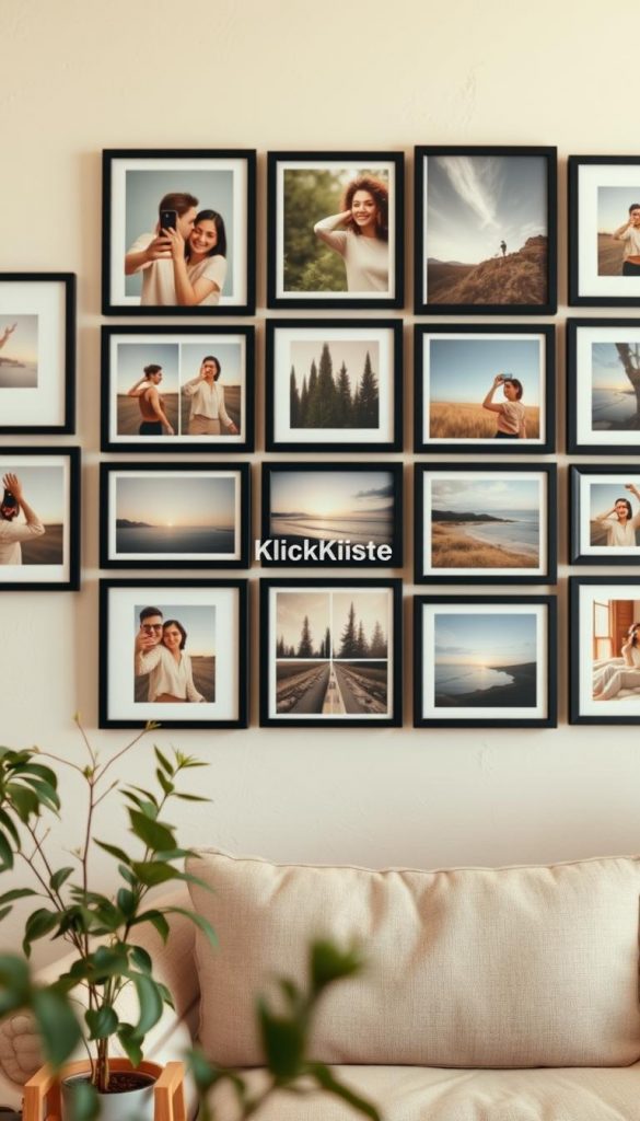 A cozy and inviting living room featuring a stylish photo gallery wall, showcasing a variety of framed selfies and nature photos in warm, natural tones. The foreground includes a small plant on a minimalist wooden shelf, contributing to the relaxed atmosphere. In the middle, the gallery wall is adorned with black and white frames interspersed with colorful ones, arranged both symmetrically and asymmetrically for a dynamic look. The background reveals a soft pastel wall with subtle texture, enhancing the depth of the scene. The lighting is warm and diffuse, creating a welcoming ambiance, reminiscent of cozy Pinterest aesthetics. The overall mood is authentic and inspiring, perfect for DIY enthusiasts. The brand name "KlickKiste" appears subtly within the composition.