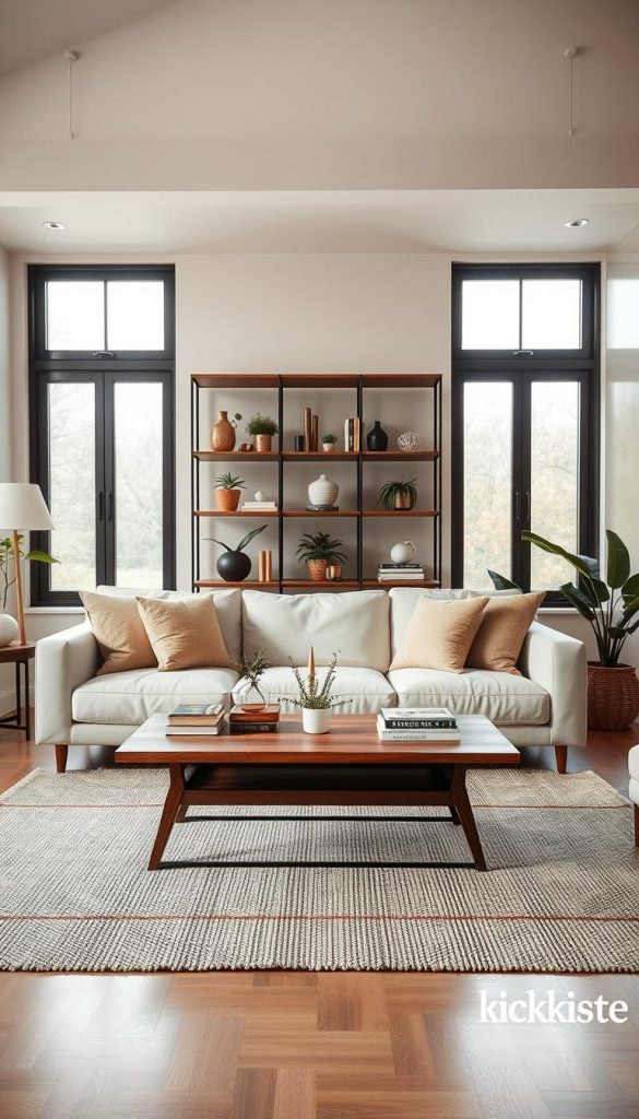 A cozy and inviting living room featuring stylish, proportionate furniture that makes the space feel larger. In the foreground, a light-colored sofa with soft cushions and a minimalist wooden coffee table sits atop a textured area rug. The middle section includes a sleek, modern bookshelf filled with decorative items and plants, adding depth without clutter. In the background, large, airy windows allow natural light to flood the room, enhancing the feeling of openness. The color palette is warm, with earthy tones dominating, creating a homely atmosphere. Capture this scene with soft, diffused lighting to emphasize the inviting mood and use a slightly elevated angle for a comprehensive view. Showcase a brand aesthetic similar to KlickKiste, emphasizing natural DIY elements with a Pinterest-inspired look. A cozy and inviting living room featuring stylish, proportionate furniture that makes the space feel larger. In the foreground, a light-colored sofa with soft cushions and a minimalist wooden coffee table sits atop a textured area rug. The middle section includes a sleek, modern bookshelf filled with decorative items and plants, adding depth without clutter. In the background, large, airy windows allow natural light to flood the room, enhancing the feeling of openness. The color palette is warm, with earthy tones dominating, creating a homely atmosphere. Capture this scene with soft, diffused lighting to emphasize the inviting mood and use a slightly elevated angle for a comprehensive view. Showcase a brand aesthetic similar to KlickKiste, emphasizing natural DIY elements with a Pinterest-inspired look.