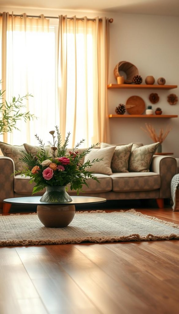 A cozy and inviting living room interior, showcasing a harmonious blend of nature-inspired decorations and textiles. In the foreground, a soft, textured area rug lies on a wooden floor, leading to a comfortable sofa adorned with patterned cushions in earthy tones. On a coffee table, a vase brimming with fresh flowers and lush greenery adds a vibrant touch. The middle section features a window draped with light, sheer curtains that allow the warm, golden sunlight to filter through, casting gentle shadows. In the background, shelves hold DIY decorative items created from natural materials, like pinecones and twine. The overall mood is warm and inviting, reflecting an authentic Pinterest aesthetic. This image embodies the spirit of KlikKiste, encouraging creativity in home decoration.