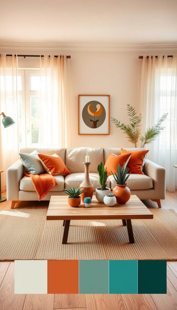 A cozy and inviting living room scene designed for inspiration, showcasing a harmonious blend of colors reflecting the theme "Farbwelten 2026: Von Terrakotta bis Transformative Teal". In the foreground, a comfortable, stylish sofa adorned with terracotta and teal throw pillows, accompanied by a warm, textured rug. In the middle, a chic coffee table using natural wood with decorative items like plants in terracotta pots and artful teal accents. The background features soft, ambient lighting that highlights pastel-colored walls, and windows draped with light sheer curtains allowing gentle sunlight to flood in, creating a serene atmosphere. Capture the essence of a Pinterest-worthy interior design that feels both modern and welcoming, incorporating the brand name "KlickKiste" subtly in the decor. Focus on a warm color palette that inspires creativity and comfort, shot from a slightly elevated angle for added depth. A cozy and inviting living room scene designed for inspiration, showcasing a harmonious blend of colors reflecting the theme "Farbwelten 2026: Von Terrakotta bis Transformative Teal". In the foreground, a comfortable, stylish sofa adorned with terracotta and teal throw pillows, accompanied by a warm, textured rug. In the middle, a chic coffee table using natural wood with decorative items like plants in terracotta pots and artful teal accents. The background features soft, ambient lighting that highlights pastel-colored walls, and windows draped with light sheer curtains allowing gentle sunlight to flood in, creating a serene atmosphere. Capture the essence of a Pinterest-worthy interior design that feels both modern and welcoming, incorporating the brand name "KlickKiste" subtly in the decor. Focus on a warm color palette that inspires creativity and comfort, shot from a slightly elevated angle for added depth.