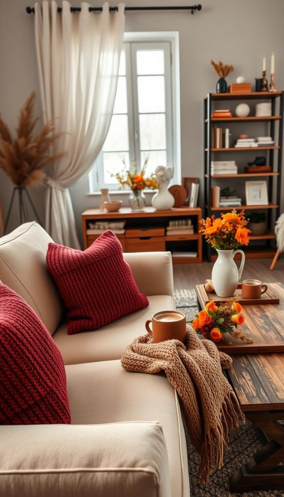 A cozy and inviting living room scene showcasing warm winter colors. In the foreground, a plush, cream-colored sofa adorned with textured throw pillows in deep reds and earthy browns invites relaxation. A soft, knitted blanket is casually draped over the arm. In the middle ground, a rustic wooden coffee table holds a steaming cup of hot chocolate alongside a small bouquet of seasonal flowers in warm hues. Behind this, a stylish bookshelf filled with various decor items and books adds character. The background features a window framed by fluffy, white curtains, allowing soft, natural light to illuminate the room. The atmosphere is homely and serene, perfect for winter vibes. This inspirational and authentic image reflects the aesthetic of KlickKiste, emphasizing DIY ideas.