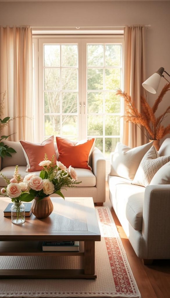 A cozy and inviting living room set in spring, featuring natural DIY decor in warm, pastel colors that evoke feelings of freshness and renewal. In the foreground, a stylish and comfortable sofa adorned with vibrant pillows, alongside a wooden coffee table filled with blooming flowers and a few artfully arranged books. In the middle ground, a large window allows soft, natural light to flood the space, enhancing the warm color palette and creating a serene atmosphere. In the background, there’s a lush green garden visible through the window, complementing the indoor space. The ambiance is one of inspiration and harmony, capturing the essence of "Frühlingsfarben Wohnen" with an authentic Pinterest aesthetic. Photography style with a soft focus, warm lighting, and a shallow depth of field to emphasize the tranquility of spring. Brand name: KlickKiste.