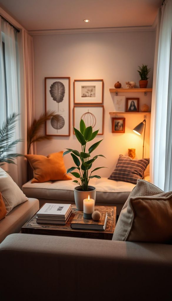 A cozy and inviting living room, showcasing a small space beautifully decorated with natural DIY elements. The foreground features a stylish, minimalist sofa adorned with warm-toned cushions, a rustic wooden coffee table with a few artfully arranged books and a lit candle. In the middle, a vibrant indoor plant brings life to the space, complemented by decorative wall art in soft, earthy colors. The background reveals a wall-mounted shelf with carefully arranged decor, adding depth. Ambient lighting filters through sheer curtains, casting a warm glow throughout the room. Capture this scene using a wide-angle lens to emphasize the warmth and charm of the room, embodying a Pinterest-worthy aesthetic. The overall mood is authentic and inspiring, reflecting the essence of "KlickKiste".