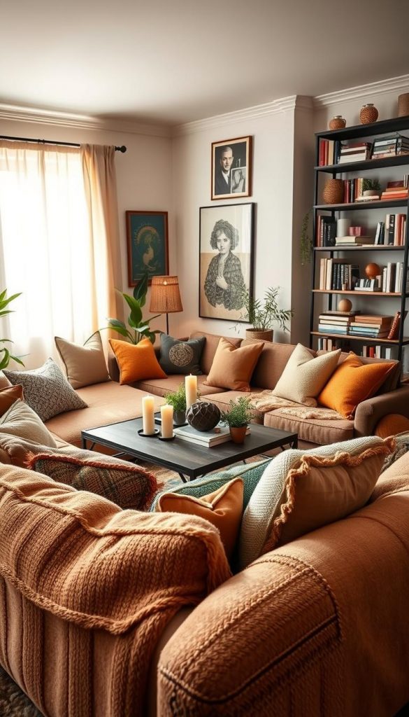 A cozy and inviting living room that beautifully blends different styles such as Scandinavian, Boho, Cozy, Maximalism, and Castlecore. In the foreground, a plush, oversized sofa layered with textured throw pillows in warm, earthy tones. A vintage coffee table adorned with candles and plants sits at the center. The middle ground features a stylish area rug, an eclectic mix of art on the walls, and a warm, soft light filtering through sheer curtains that provide a sense of airiness. In the background, a stylish bookshelf filled with books and decorative items showcases the character of the space. The scene is captured with a shallow depth of field, emphasizing the warmth and comfort of the room while creating an authentic Pinterest-like aesthetic. The overall atmosphere is serene and inspirational, evoking a sense of home by KlickKiste.