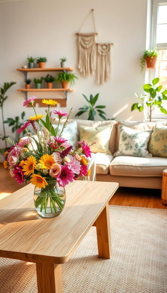 A cozy and inviting living room (wohnzimmer) that embodies sustainable spring decor. In the foreground, a natural wood coffee table holds a vibrant centerpiece of fresh flowers in a recycled glass vase surrounded by ethically sourced textiles, such as a soft, tan rug and green throw pillows. The middle layer features a comfortable sofa adorned with botanical print cushions, and an indoor plant near the window, letting in abundant soft, natural light. In the background, a wall with eco-friendly decor elements like wooden shelves with potted herbs and a handmade wall hanging adds authenticity. The scene is bathed in warm, golden light, creating a serene and inspiring atmosphere, reminiscent of Pinterest aesthetics. Brand: KlickKiste.