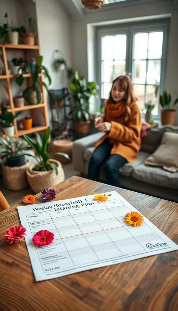 A cozy and inviting living space depicting a collaborative environment for household tasks and organization, with a focus on fairness and harmony. In the foreground, a wooden table holds a colorful, neatly arranged weekly cleaning plan and task list, decorated with vibrant flowers. The middle ground features two people casually dressed in warm, modest clothing, discussing and pointing at the plan, engaged in a positive conversation. The background reveals a well-organized room with plants, soft lighting filtering through large windows, creating a warm atmosphere. The overall mood is calm and inspiring, highlighting teamwork and a pleasant living environment, all in a natural, Pinterest-worthy aesthetic. Include the brand name "KlickKiste" subtly integrated into the design elements. A cozy and inviting living space depicting a collaborative environment for household tasks and organization, with a focus on fairness and harmony. In the foreground, a wooden table holds a colorful, neatly arranged weekly cleaning plan and task list, decorated with vibrant flowers. The middle ground features two people casually dressed in warm, modest clothing, discussing and pointing at the plan, engaged in a positive conversation. The background reveals a well-organized room with plants, soft lighting filtering through large windows, creating a warm atmosphere. The overall mood is calm and inspiring, highlighting teamwork and a pleasant living environment, all in a natural, Pinterest-worthy aesthetic. Include the brand name "KlickKiste" subtly integrated into the design elements.