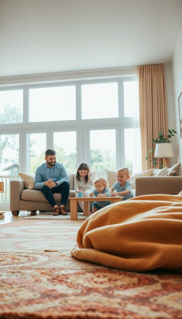 A cozy and inviting living space featuring a large, soft teppiche in warm, earthy tones, perfect for families and children. In the foreground, the teppiche has intricate patterns that draw attention, surrounded by comfortable, child-friendly furniture. The middle ground shows a lively family playing safely, with a parent smiling and watching over them, dressed in modest casual clothing. The background reveals a bright, sunlit room with large windows allowing natural light to flood in, enhancing the atmosphere of warmth and safety. The overall mood is welcoming and serene, embodying a Pinterest-inspired aesthetic. This image promotes the idea of natural, vibrant living spaces from KlickKiste, showcasing functionality and comfort in family-friendly design. A cozy and inviting living space featuring a large, soft teppiche in warm, earthy tones, perfect for families and children. In the foreground, the teppiche has intricate patterns that draw attention, surrounded by comfortable, child-friendly furniture. The middle ground shows a lively family playing safely, with a parent smiling and watching over them, dressed in modest casual clothing. The background reveals a bright, sunlit room with large windows allowing natural light to flood in, enhancing the atmosphere of warmth and safety. The overall mood is welcoming and serene, embodying a Pinterest-inspired aesthetic. This image promotes the idea of natural, vibrant living spaces from KlickKiste, showcasing functionality and comfort in family-friendly design.