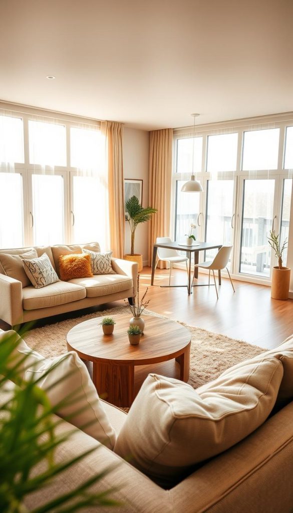 A cozy and inviting living space featuring a modern apartment with warm, natural colors and a Pinterest aesthetic. In the foreground, a stylish lounge area with a plush sofa and decorative cushions arranged around a wooden coffee table, creating a perfect gathering spot. The middle ground includes a dining area with a sleek table set for two, surrounded by minimalist chairs and small green plants adding a touch of nature. In the background, large windows allow soft, diffused sunlight to pour in, illuminating the space and casting gentle shadows. The atmosphere is serene and inspiring, evoking a sense of shared comfort and belonging. The image should reflect the essence of 'KlickKiste', showcasing harmonious living and intimate retreat areas without texts or watermarks. A cozy and inviting living space featuring a modern apartment with warm, natural colors and a Pinterest aesthetic. In the foreground, a stylish lounge area with a plush sofa and decorative cushions arranged around a wooden coffee table, creating a perfect gathering spot. The middle ground includes a dining area with a sleek table set for two, surrounded by minimalist chairs and small green plants adding a touch of nature. In the background, large windows allow soft, diffused sunlight to pour in, illuminating the space and casting gentle shadows. The atmosphere is serene and inspiring, evoking a sense of shared comfort and belonging. The image should reflect the essence of 'KlickKiste', showcasing harmonious living and intimate retreat areas without texts or watermarks.