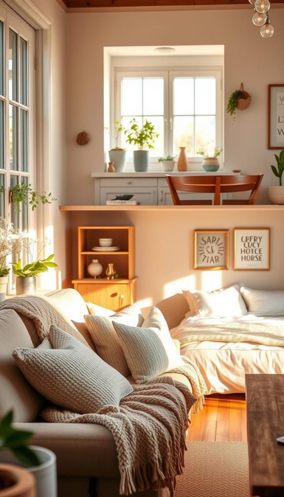 A cozy and inviting living space inspired by spring colors, featuring a harmonious blend of warm, natural tones. In the foreground, a comfortable sofa adorned with pastel cushions and a knitted throw is placed next to a rustic wooden coffee table. The middle layer showcases a bright and airy kitchen with fresh herb plants on the windowsill and a stylish dining area, all bathed in soft, golden natural light. The background reveals a serene bedroom with a light, pastel-colored bedspread and decorative wall art. The entire scene is designed in a DIY style, reflecting an authentically warm and inspiring atmosphere, perfect for a spring refresh in homes. The brand "KlickKiste" subtly resonates through the cozy decor elements, highlighting a Pinterest-worthy aesthetic.