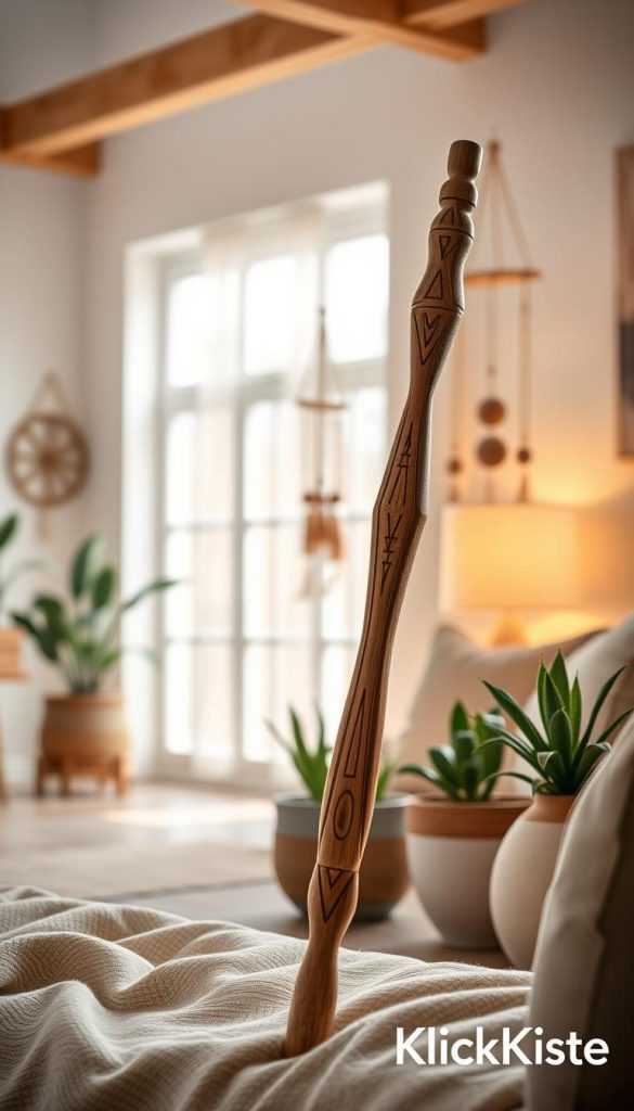 A cozy and inviting living space showcases a beautifully crafted stil-guides wand, designed in a modern Boho style. In the foreground, the wand, made of natural wood with intricate carvings, leans against a soft, textured fabric backdrop. The middle ground features potted plants and delicate hanging decor, celebrating Scandinavian minimalism with clean lines and earthy tones. The background reveals a bright, airy room with large windows allowing warm, natural light to flood in, enhancing the inviting atmosphere. Use a soft focus lens effect to create a dreamy ambiance that evokes inspiration and creativity. Capture the essence of DIY decor with hints of warmth and authenticity, featuring the brand name "KlickKiste" subtly incorporated into the scene.