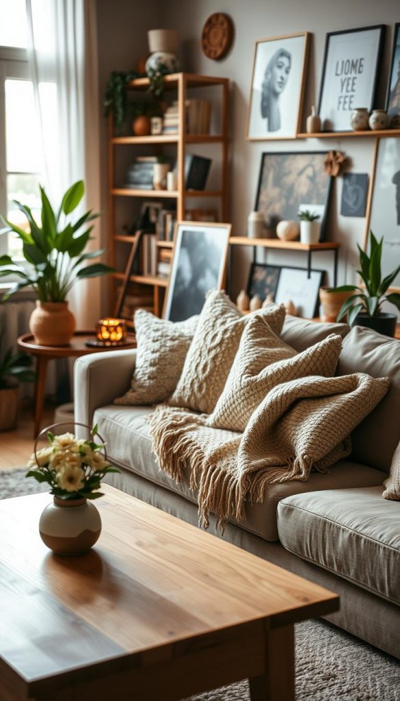 A cozy and inviting living space showcasing a blend of various interior design styles, including Cozy, Scandi, Boho, Maximalism, and Castlecore. In the foreground, a plush sofa with soft cushions and a handmade throw blanket is paired with a sleek wooden coffee table. The middle ground features a warm light source, casting a soft glow that enhances the natural wood tones and textured fabrics. Decorative plants and layered textiles complement the scene, providing a nurturing, organic feel. In the background, there are eclectic wall art and shelves filled with books and trinkets, emphasizing a personal touch. The lighting should be warm and ambient, evoking an inspiring Pinterest aesthetic. This image represents the brand "KlickKiste" and embodies authentic DIY style and creative flair. A cozy and inviting living space showcasing a blend of various interior design styles, including Cozy, Scandi, Boho, Maximalism, and Castlecore. In the foreground, a plush sofa with soft cushions and a handmade throw blanket is paired with a sleek wooden coffee table. The middle ground features a warm light source, casting a soft glow that enhances the natural wood tones and textured fabrics. Decorative plants and layered textiles complement the scene, providing a nurturing, organic feel. In the background, there are eclectic wall art and shelves filled with books and trinkets, emphasizing a personal touch. The lighting should be warm and ambient, evoking an inspiring Pinterest aesthetic. This image represents the brand "KlickKiste" and embodies authentic DIY style and creative flair.