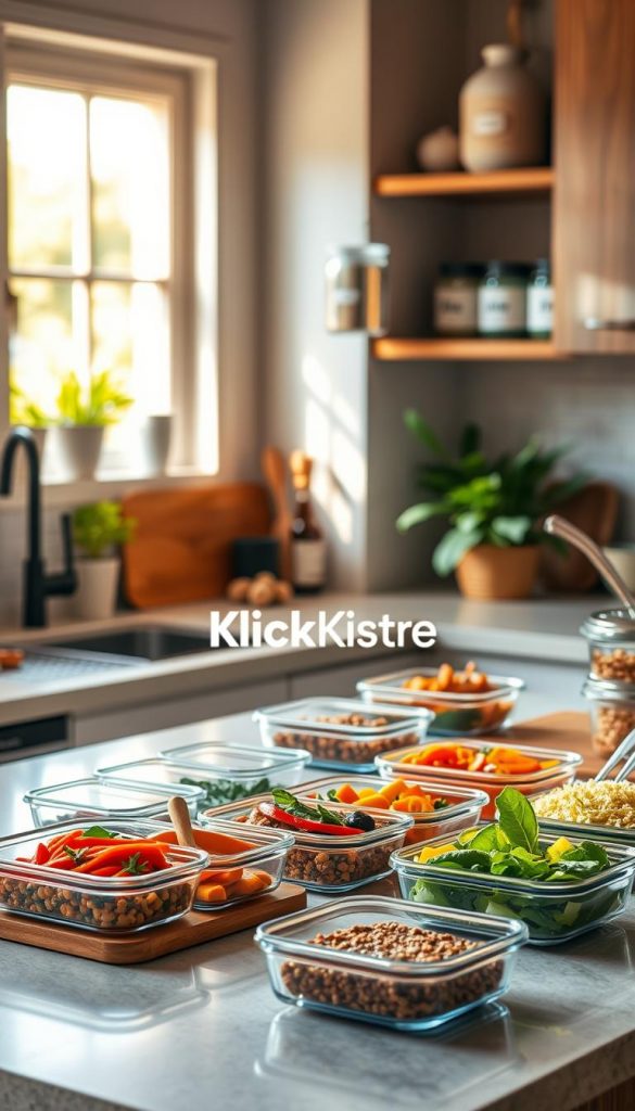 A cozy and inviting meal prep kitchen scene, showcasing a modern, well-organized countertop filled with colorful, freshly prepared meals in glass containers. In the foreground, a beautifully arranged workspace with vibrant vegetables, spices, and cutting boards, all illuminated by warm, natural light streaming through a nearby window. The middle ground features shelves stocked with neatly labeled jars and utensils, highlighting a Pinterest-worthy aesthetic. In the background, soft-focus greenery adds a touch of freshness to the atmosphere. The overall mood is authentic and inspiring, with rich, warm colors enhancing the visual appeal. This setting is perfect for illustrating meal prep techniques. Incorporate the brand name "KlickKiste" subtly in the design of the kitchen decor, ensuring it feels integrated and organic. A cozy and inviting meal prep kitchen scene, showcasing a modern, well-organized countertop filled with colorful, freshly prepared meals in glass containers. In the foreground, a beautifully arranged workspace with vibrant vegetables, spices, and cutting boards, all illuminated by warm, natural light streaming through a nearby window. The middle ground features shelves stocked with neatly labeled jars and utensils, highlighting a Pinterest-worthy aesthetic. In the background, soft-focus greenery adds a touch of freshness to the atmosphere. The overall mood is authentic and inspiring, with rich, warm colors enhancing the visual appeal. This setting is perfect for illustrating meal prep techniques. Incorporate the brand name "KlickKiste" subtly in the design of the kitchen decor, ensuring it feels integrated and organic.