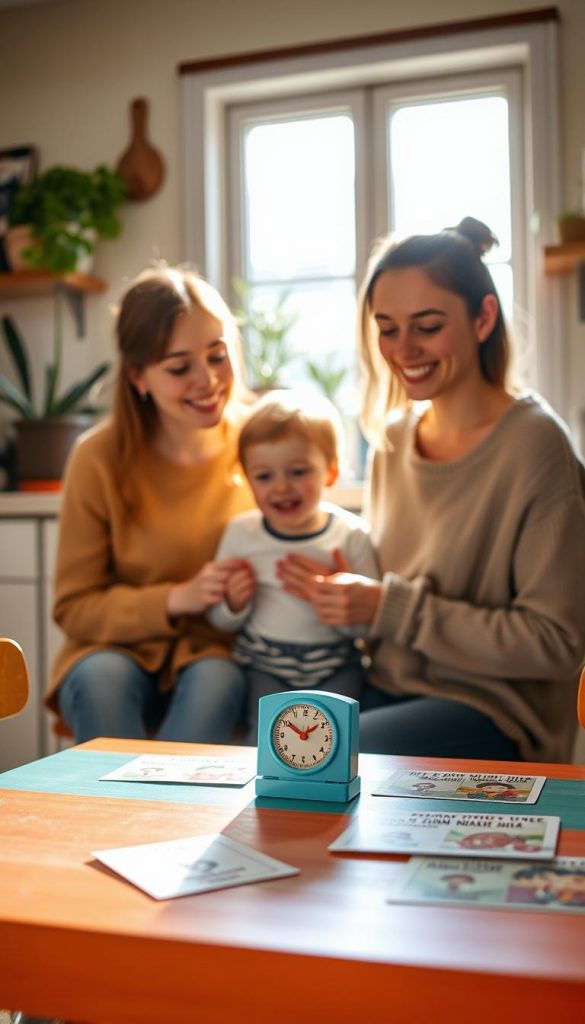 A cozy and inviting morning scene showcasing a "KlickKiste" mini timer game designed for children. In the foreground, there’s a colorful, child-sized table with a bright and cheerful timer prominently displayed, alongside playful activity cards. In the middle ground, a parent and a young child are engaged in the timer game, both smiling and dressed in modest, casual clothing. Sunlight streams through a kitchen window, casting warm, soft lighting that enhances the friendly atmosphere. The background features a tidy kitchen with plants and family-oriented decor. The overall mood is joyful and inspiring, reflecting a stress-free morning routine with engaging rituals. The colors are warm and natural, embodying a Pinterest aesthetic.