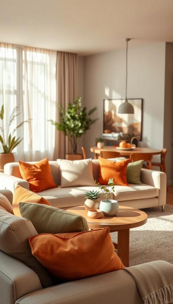 A cozy and inviting open living space showcasing a harmonious color and material concept. In the foreground, a stylish, modern sofa in soft beige with vibrant cushions in warm shades of terracotta and muted greens. The middle ground features a wooden coffee table adorned with natural decor elements like a small plant and artisanal ceramics. The background includes a softly lit window with sheer curtains that diffuse warm sunlight, enhancing the earthy tones. Applied lighting creates a welcoming atmosphere, with subtle shadows adding depth. Incorporate elements that have a Pinterest-inspired DIY aesthetic, reflecting authenticity and inspiration. Emphasize a comfortable, homey feel, encapsulating the philosophy of "KlickKiste" with a focus on natural materials and a cohesive color palette.