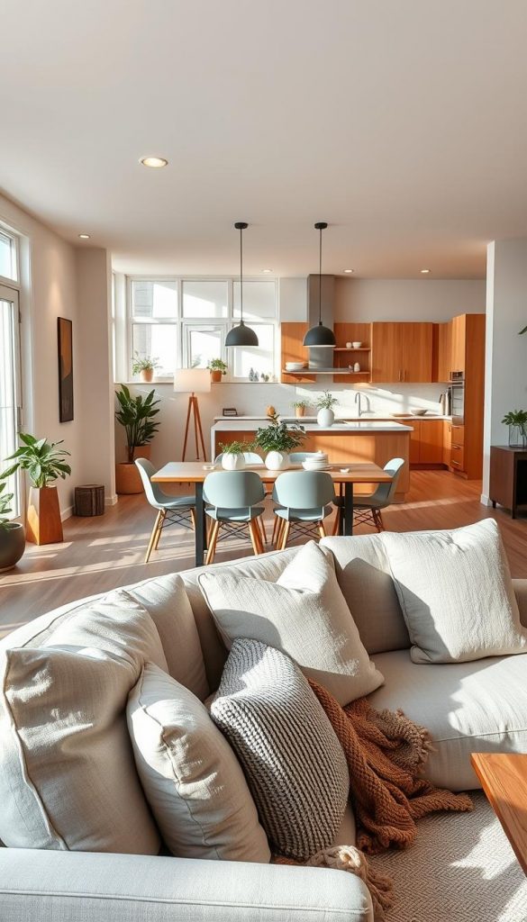 A cozy and inviting open living space that seamlessly combines a living room, kitchen, hallway, balcony, and bedroom in a harmonious layout. The foreground features a modern, minimalist couch adorned with soft, textured pillows, a warm knitted throw, and a rustic coffee table with a few decorative items. In the middle ground, an elegant dining table is set for a casual meal, surrounded by stylish chairs, with natural greenery in soft pots adding a touch of life. The background showcases an open kitchen with warm wooden cabinetry and ambient lighting that creates a welcoming atmosphere. Natural light filters through large windows, casting soft shadows and highlighting warm color tones throughout the space. The overall feel is authentically inspiring and DIY-friendly, reflecting the brand KlickKiste, with a Pinterest-worthy aesthetic. The scene is free from any text, logos, or watermarks.