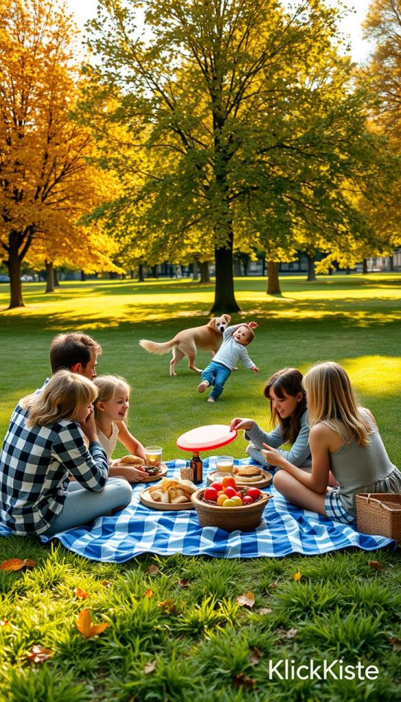 A cozy and inviting outdoor family picnic scene, specifically designed for "G&uuml;nstige Wochenendideen." In the foreground, a diverse family of four sits on a blue checkered blanket, sharing homemade sandwiches and fresh fruit. The middle ground features a lush green park with children playing with a frisbee and a family dog running joyfully. In the background, vibrant trees with autumn leaves bask in warm golden sunlight, casting gentle shadows on the grass. The atmosphere is cheerful and relaxing, evoking togetherness and fun. The image should have a natural, warm color palette with a Pinterest aesthetic. Capture this scene with a soft focus lens to enhance the cozy vibe. Include subtle branding &ldquo;KlickKiste&rdquo; in a non-intrusive way, ensuring no text overlays or watermarks.