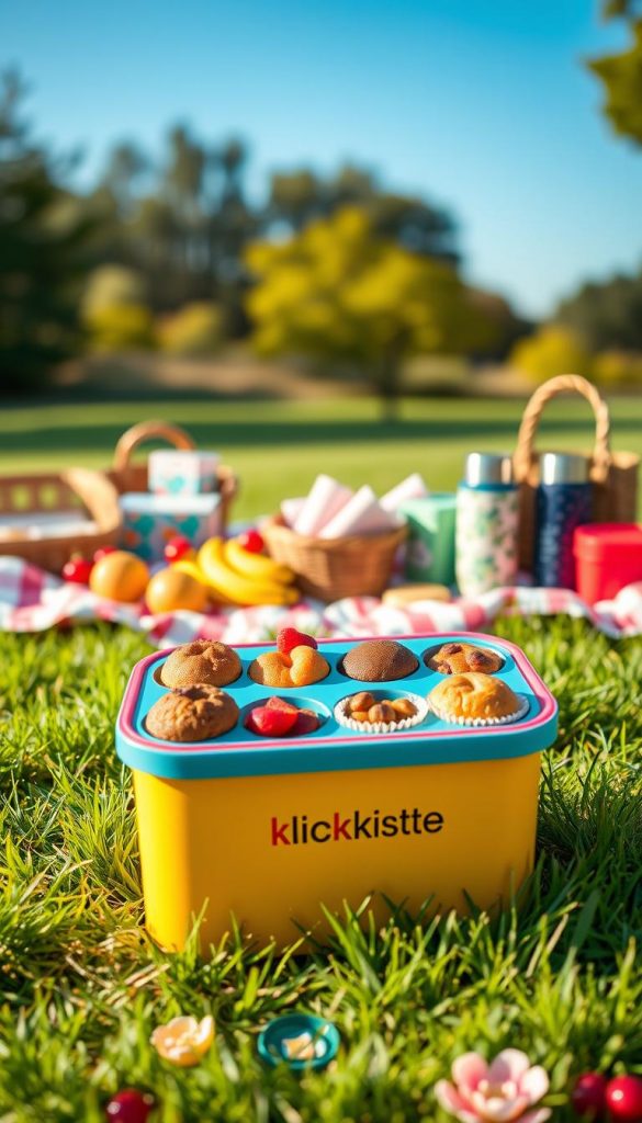 A cozy and inviting picnic setup featuring a colorful muffin tray organizer branded "KlickKiste", prominently displayed in the foreground filled with assorted muffins and snacks in vibrant colors. In the middle ground, a picnic blanket is spread out on lush green grass, adorned with playful patterns, showcasing additional boxes and thermos cups that complement the muffin organizer. In the background, soft, blurred images of trees and a clear blue sky enhance the natural atmosphere. The lighting is warm and golden, reminiscent of a sunny afternoon, adding a cheerful mood to the scene. The composition should evoke feelings of joy and inspiration, ideal for family-friendly outdoor activities. A cozy and inviting picnic setup featuring a colorful muffin tray organizer branded "KlickKiste", prominently displayed in the foreground filled with assorted muffins and snacks in vibrant colors. In the middle ground, a picnic blanket is spread out on lush green grass, adorned with playful patterns, showcasing additional boxes and thermos cups that complement the muffin organizer. In the background, soft, blurred images of trees and a clear blue sky enhance the natural atmosphere. The lighting is warm and golden, reminiscent of a sunny afternoon, adding a cheerful mood to the scene. The composition should evoke feelings of joy and inspiration, ideal for family-friendly outdoor activities.