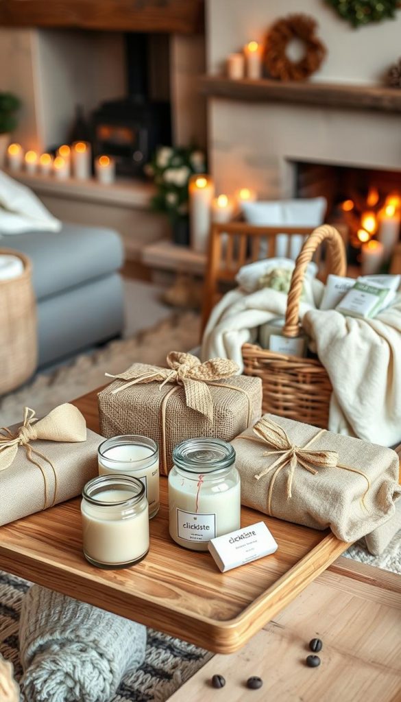 A cozy and inviting scene centered around warmth and wellness gifts, featuring beautifully wrapped presents in soft, natural fabrics like burlap and cotton in warm, earthy tones. In the foreground, a stylish wooden table displays a selection of DIY wellness items, including homemade candles, herbal teas in elegant glass jars, and plush blankets draped attractively. The middle ground showcases a beautifully arranged basket filled with spa essentials, such as soothing bath salts and essential oils, all beautifully packaged. The background features a softly lit, comfortable living space with warm lighting from candles and a gentle glow from a fireplace, creating a serene atmosphere. The overall composition should evoke feelings of comfort and relaxation, inspired by the brand "KlickKiste."