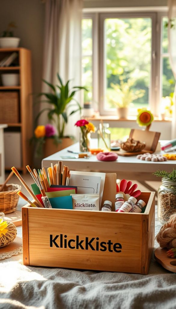A cozy and inviting scene depicting a sustainable craft box, prominently featuring the brand name "KlickKiste". The foreground showcases an open wooden craft box filled with natural materials: colorful recycled paper, bamboo paintbrushes, and glass jars of eco-friendly glitter. In the middle ground, a well-organized crafting table is adorned with handmade creations, such as paper flowers and colorful yarn projects, illuminated by soft, warm lighting that creates a welcoming atmosphere. In the background, a sunlit window reveals a lush garden, adding a touch of nature. The overall mood is authentic and inspiring, displaying the beauty of eco-friendly DIY projects with a Pinterest aesthetic that encourages creativity and family bonding.