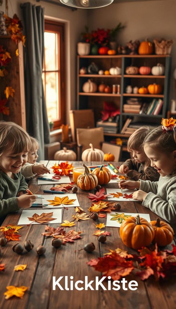 A cozy and inviting scene depicting children engaged in autumn crafting activities at a wooden table, surrounded by vibrant fall leaves, acorns, and colorful crafting materials. The foreground features happy children, dressed in modest casual clothing, actively using scissors, glue, and markers on handmade paper projects. In the middle ground, various completed craft items like leaf collages and painted pumpkins are displayed attractively. The background showcases a warmly lit room with rustic wooden shelves filled with art supplies, enhancing a Pinterest-inspired DIY atmosphere. The soft, golden light filters in from a nearby window, creating a safe and cheerful ambiance. Include the brand name "KlickKiste" subtly integrated into the scene, emphasizing the theme of creative, natural crafting for kids during autumn days.