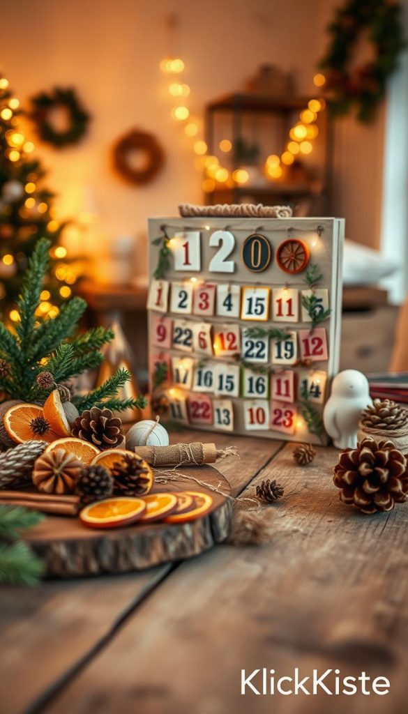 A cozy and inviting scene featuring a beautifully crafted DIY advent calendar, surrounded by sustainable materials like recycled paper and twine, embodying the spirit of upcycling. In the foreground, a rustic wooden table holds an assortment of eco-friendly decorations, such as dried orange slices, cinnamon sticks, and pine cones, showcasing a warm color palette of earthy browns and soft greens. The middle ground features the advent calendar itself, adorned with hand-painted numbers and natural elements, while softly glowing fairy lights enhance the festive mood. In the background, a softly blurred interior setting with hints of holiday decor completes the atmosphere. The lighting is warm and inviting, reminiscent of a Pinterest-inspired aesthetic. This image is branded subtly with "KlickKiste" in the bottom corner.