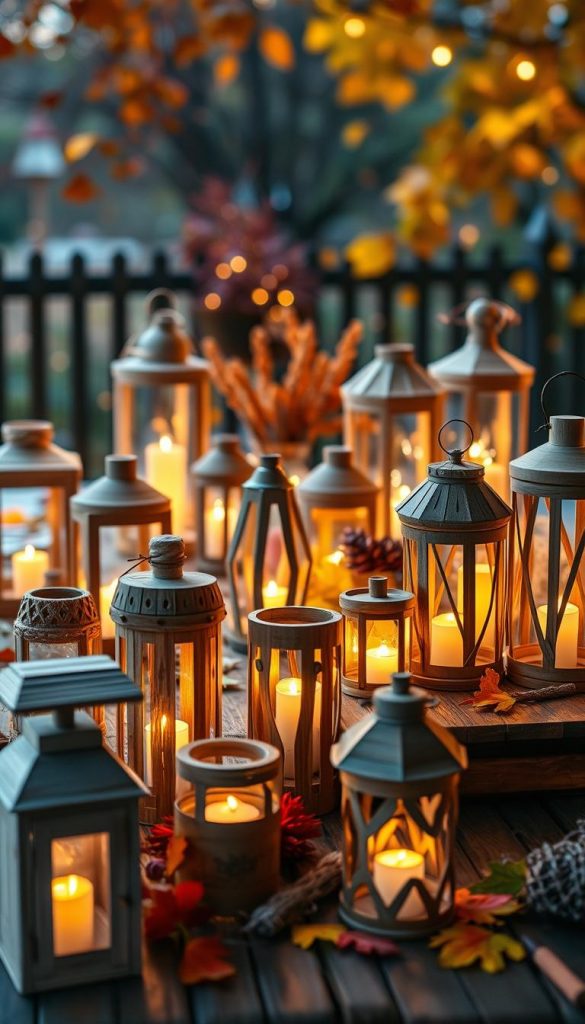 A cozy and inviting scene featuring a variety of DIY lanterns made from natural materials, such as wood, glass, and paper, all illuminated by warm LED lights instead of traditional candles. In the foreground, showcase an assortment of beautifully crafted lanterns in different shapes and sizes, with soft, glowing light emanating from each. The middle ground should feature a rustic wooden table adorned with crafting tools, materials, and vibrant autumn leaves, emphasizing a family-friendly crafting atmosphere. In the background, capture a gently blurred outdoor setting with falling leaves and evening twilight colors, enhancing the warmth and creativity of the scene. Aim for soft, golden lighting to create an inspiring, Pinterest-worthy mood, reflecting the brand "KlickKiste" while ensuring the image is professional and suitable for all audiences.