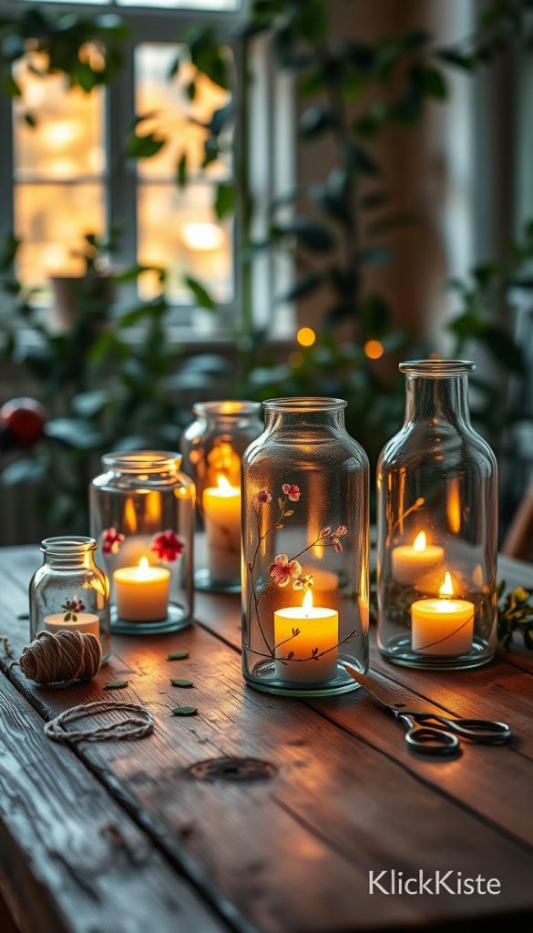A cozy and inviting scene featuring beautifully crafted glass lanterns, or "windlichter aus gläsern," displayed on a rustic wooden table. In the foreground, several lanterns of varying shapes and sizes are illuminated by warm, flickering candlelight, casting soft shadows. Delicate floral embellishments adorn the glass, adding a touch of nature. In the middle ground, a few DIY crafting tools like twine and scissors are scattered, hinting at the upcycling process. The background softly blurs into a warm, softly lit room filled with greenery, creating an authentic, inspiring Pinterest-like atmosphere. The lighting is warm and gentle, reminiscent of a sunset glow, enhancing the cozy mood. This is an ideal representation of DIY glass upcycling, branded with "KlickKiste" for a touch of authenticity.