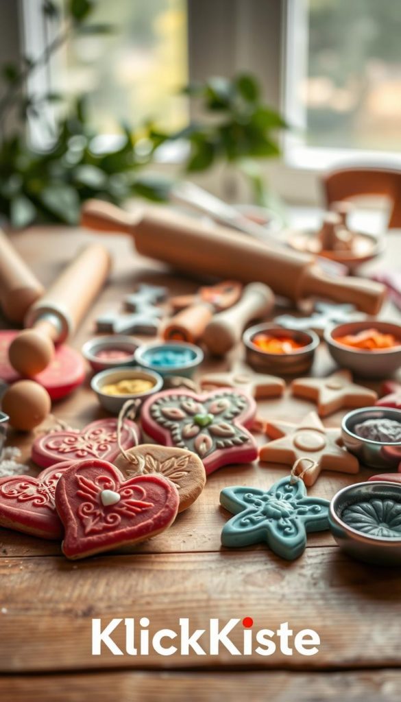 A cozy and inviting scene featuring handmade salt dough pendants, or "salzteig anhänger", arranged beautifully on a wooden table. In the foreground, vibrant heart and star-shaped ornaments with intricate, natural patterns are displayed, showcasing their handmade quality. The middle ground includes a collection of DIY crafting materials, such as rolling pins, cookie cutters, and small bowls of natural pigments, adding an interactive feel. The background features soft-focus greenery and natural light streaming in, creating a warm atmosphere reminiscent of a family home. The image should have a Pinterest-inspired aesthetic, emphasizing authentic craftsmanship. The brand name "KlickKiste" should be subtly integrated into the scene, enhancing the DIY vibe. Capture this scene with a warm color palette and a shallow depth of field to evoke a sense of creativity and familial comfort.