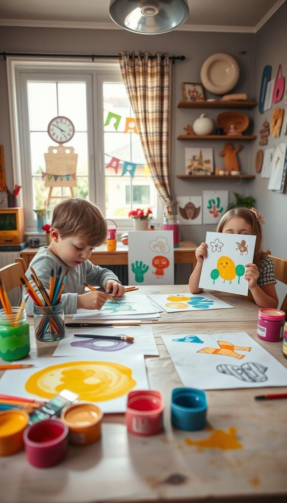 A cozy and inviting scene of children engaged in colorful painting projects at a dining table, surrounded by various art supplies like brushes, paper, and vibrant paint pots. In the foreground, two children, a boy and a girl, concentration on their art, wearing casual and modest clothing. The middle ground features their colorful paintings displayed proudly, showcasing simple and fun designs, like animals and nature. In the background, a bright window allows warm sunlight to stream in, casting a soft glow over the scene, enhancing the inviting atmosphere. The room is decorated with playful decor, exuding a Pinterest-inspired DIY aesthetic. This image embodies natural DIY vibes, with a touch of authenticity and warmth, reflecting the spirit of "KlickKiste."