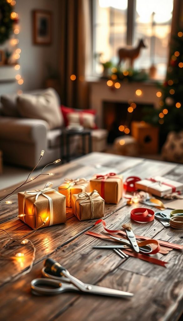 A cozy and inviting scene showcasing a DIY "schneller Adventskalender" created using simple, natural materials. In the foreground, there are small, beautifully wrapped gift boxes in warm colors, arranged on a rustic wooden table. Adjacent to them, twinkling fairy lights illuminate the gifts, adding a magical touch. In the middle ground, an assortment of craft supplies — scissors, ribbons, and colorful papers — is artfully scattered, suggesting a creative atmosphere. Soft, golden lighting enhances the warmth of the scene, mimicking a gentle evening glow. In the background, a blurred outline of a warmly decorated living room hints at the holiday spirit. The image embodies a serene and inspiring mood, evoking a sense of celebration and togetherness. Include subtle branding elements of "KlickKiste" that blend seamlessly into the natural aesthetic, without being prominent.