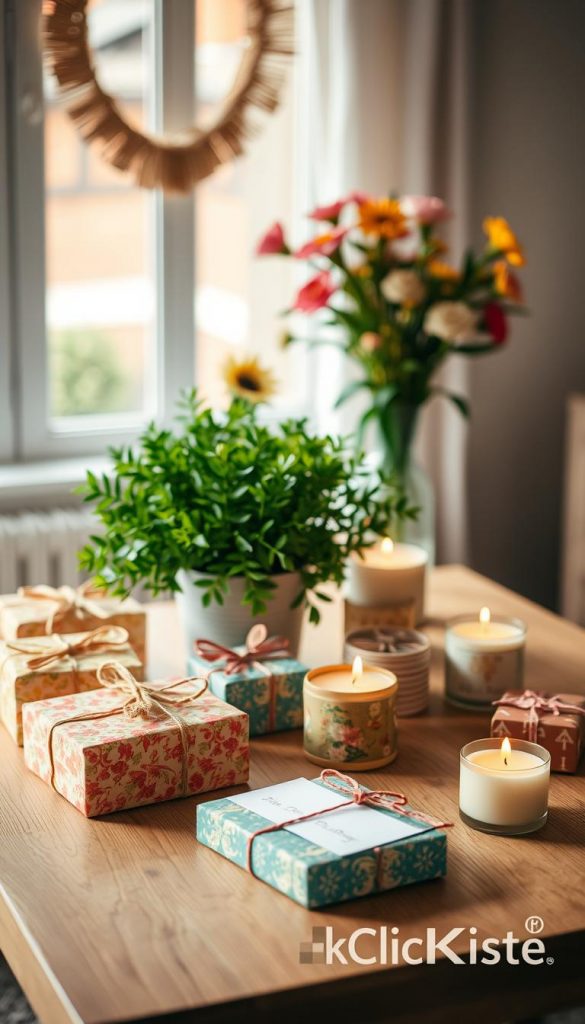 A cozy and inviting scene showcasing a beautifully arranged DIY gift corner for families, inspired by the warm aesthetic of Pinterest. In the foreground, there's a handcrafted wooden table adorned with colorful fabric-wrapped gift boxes, hand-painted cards, and homemade candles with gentle flickering flames. The middle ground features a lush green potted plant and a vase filled with fresh seasonal flowers to enhance the homely ambiance. In the background, soft natural light filters through a window, casting a warm glow over the space. Use a slightly angled perspective, focusing on the details of the gifts, to convey a sense of intimacy and approachability. The mood is warm, inviting, and inspiring, emphasizing creativity and family connection. Brand elements from "KlickKiste" can be subtly integrated into the scene, enhancing its authenticity without overpowering the visuals.
