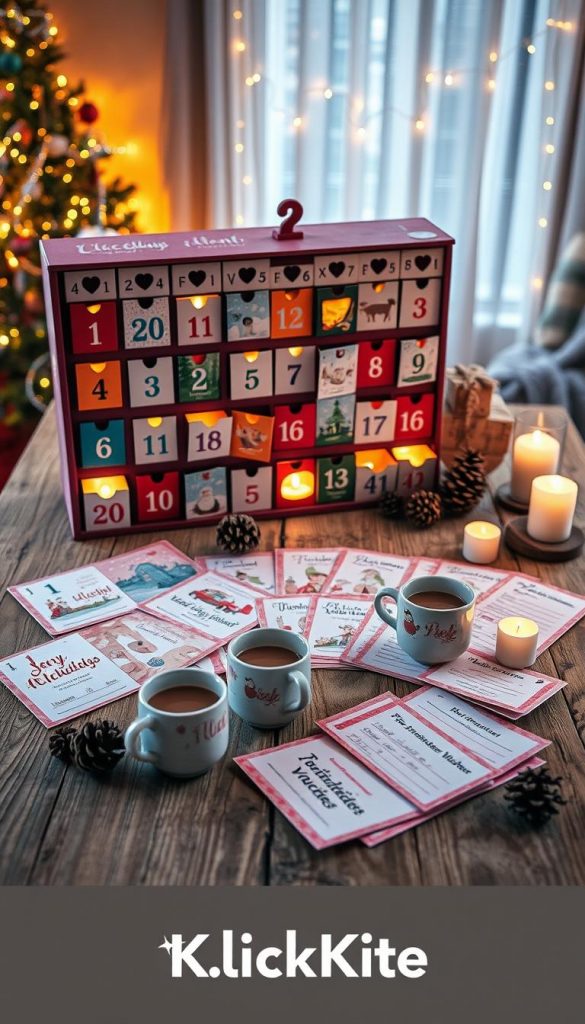 A cozy and inviting scene showcasing a festive Advent calendar filled with creatively designed riddles and activity vouchers, arranged on a rustic wooden table. In the foreground, a beautifully crafted Advent calendar with numbered compartments, each revealing colorful cards adorned with whimsical illustrations of winter themes. The middle ground features an assortment of handwritten riddles and family activity vouchers, neatly spread out alongside warm mugs of hot cocoa and seasonal decor like pinecones and candles. The background presents a softly lit room decorated with twinkling fairy lights and subtle holiday ornaments, creating a warm, inspiring atmosphere. The image has a Pinterest aesthetic, emphasizing natural DIY elements with warm colors. The brand name "KlickKiste" subtly incorporated into the design. Warm, soft lighting enhances the cozy mood, inviting viewers to explore the joy of making and sharing during the holiday season.