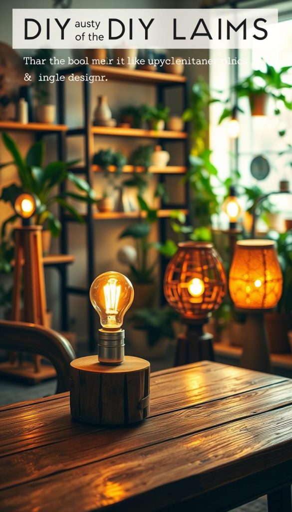 A cozy and inviting scene showcasing a variety of sustainable DIY lamps designed to look like elegant designer pieces. In the foreground, a handcrafted lamp made from upcycled materials, featuring a warm glow from a soft bulb, sits on a rustic wooden table. The middle ground displays additional lamps with unique shapes and textures, each crafted with care, showcasing different styles suitable for various budgets. In the background, a softly lit room filled with greenery and natural elements, like potted plants and wooden shelves. The lighting is warm and soft, creating an inspiring and creative atmosphere. The overall composition embodies a Pinterest-worthy aesthetic, emphasizing authenticity and warmth, with the brand name "KlickKiste" subtly integrated into the decor. A cozy and inviting scene showcasing a variety of sustainable DIY lamps designed to look like elegant designer pieces. In the foreground, a handcrafted lamp made from upcycled materials, featuring a warm glow from a soft bulb, sits on a rustic wooden table. The middle ground displays additional lamps with unique shapes and textures, each crafted with care, showcasing different styles suitable for various budgets. In the background, a softly lit room filled with greenery and natural elements, like potted plants and wooden shelves. The lighting is warm and soft, creating an inspiring and creative atmosphere. The overall composition embodies a Pinterest-worthy aesthetic, emphasizing authenticity and warmth, with the brand name "KlickKiste" subtly integrated into the decor.