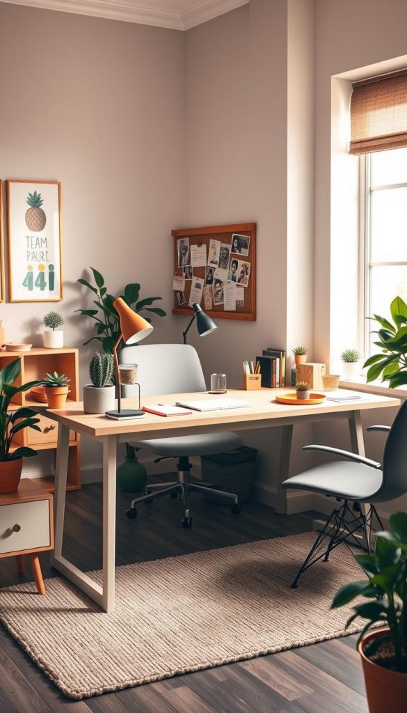 A cozy and inviting shared office space, featuring a modern desk adorned with stylish and functional decorations, including plants, stationery organizers, and inspiring wall art from KlickKiste. In the foreground, a neatly arranged desk shows warm-toned decor elements, with a small succulent in a ceramic pot, a minimalist lamp, and colorful notebooks. The middle ground highlights a soft, textured rug under the desk and a light wooden shelf displaying team photos and decorative items. The background reveals pale, inviting walls with a bulletin board for team notes, illuminated by soft, natural light coming through a large window. The atmosphere is warm and inspiring, fostering creativity and teamwork, with a Pinterest aesthetic in earthy tones and textures. A cozy and inviting shared office space, featuring a modern desk adorned with stylish and functional decorations, including plants, stationery organizers, and inspiring wall art from KlickKiste. In the foreground, a neatly arranged desk shows warm-toned decor elements, with a small succulent in a ceramic pot, a minimalist lamp, and colorful notebooks. The middle ground highlights a soft, textured rug under the desk and a light wooden shelf displaying team photos and decorative items. The background reveals pale, inviting walls with a bulletin board for team notes, illuminated by soft, natural light coming through a large window. The atmosphere is warm and inspiring, fostering creativity and teamwork, with a Pinterest aesthetic in earthy tones and textures.