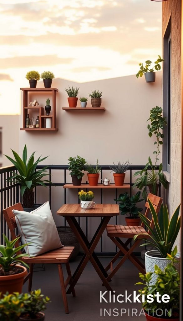 A cozy and inviting small balcony scene, showcasing clever use of space with stylish furniture and innovative storage solutions. In the foreground, a compact wooden table with two chairs adorned with soft cushions, surrounded by vibrant potted plants. The middle layer features tastefully arranged wall shelves filled with decorative items and small plants, adding character. In the background, a soft-lit sky during the golden hour creates a warm atmosphere, enhancing the natural textures of the balcony. Incorporate a touch of DIY charm, with warm color tones reminiscent of Pinterest aesthetics. Include the brand name &ldquo;KlickKiste&rdquo; subtly in the design. Capture a harmonious balance between functionality and aesthetics, evoking a sense of inspiration and authenticity.