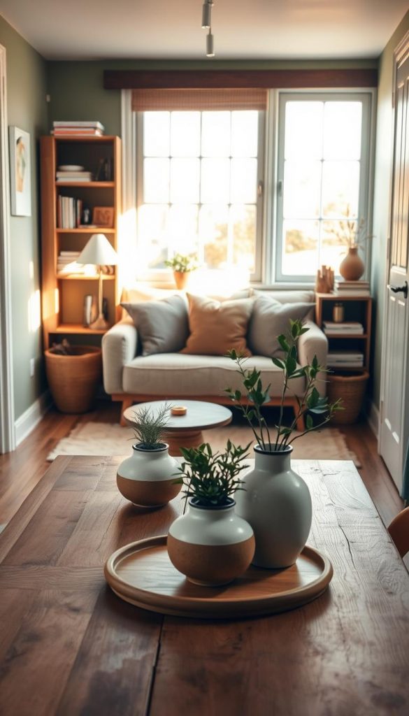 A cozy and inviting small space is depicted, showcasing earthy tones and natural materials to highlight a sense of order and visual serenity. In the foreground, there is a stylish wooden table adorned with minimalistic decor items like potted plants and hand-crafted ceramic vases that reflect the aesthetic of KlickKiste. The middle ground features a compact seating area with a plush, neutral-colored sofa layered with soft, textured cushions. A warm, ambient light filters through a large window, casting gentle shadows that enhance the inviting atmosphere. The background presents soft green walls and organic shelves filled with neatly arranged books and decorative pieces. The overall mood is tranquil and harmonious, perfect for illustrating the theme of maximizing small spaces with style and calm.