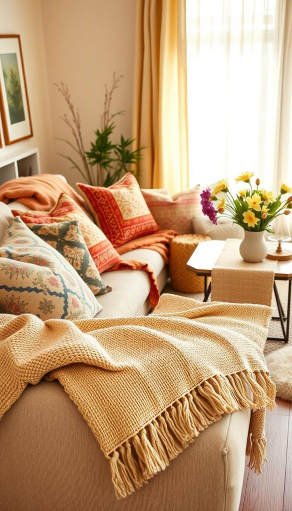 A cozy and inviting spring living room scene that showcases layered textiles, emphasizing cushions and blankets for added comfort. In the foreground, a plush sofa adorned with vibrant, patterned throw pillows and a soft, knitted blanket rests atop a light, wooden floor. The middle of the scene features a stylish coffee table draped with a textured fabric runner, and a fragrant bouquet of spring flowers in a simple vase. The background reveals a sunny window with sheer curtains, allowing soft, warm light to filter in, highlighting the natural color palette. The mood is uplifting and inspiring, evoking a Pinterest-worthy ambiance. Designed for KlickKiste, the image should capture the essence of spring with earthy tones and a DIY aesthetic.