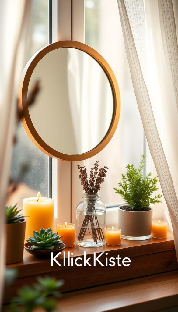 A cozy and inviting window sill wellness space, styled as a mini vanity, showcasing the essence of "fensterbank wellness." In the foreground, a wooden window sill adorned with natural decor, including potted succulents and fragrant candles in warm hues. A stylish, clear glass jar holds aromatic herbs, adding a touch of elegance. The middle ground features a round mirror framed in a soft, muted gold, reflecting light from the window, which bathes the scene in a warm and gentle glow. The background captures a soft focus of sheer curtains gently flowing, allowing diffused sunlight to illuminate the space. The overall atmosphere evokes tranquility and self-care, reminiscent of DIY decor trends seen on Pinterest. Branding element "KlickKiste" incorporated into design. A cozy and inviting window sill wellness space, styled as a mini vanity, showcasing the essence of "fensterbank wellness." In the foreground, a wooden window sill adorned with natural decor, including potted succulents and fragrant candles in warm hues. A stylish, clear glass jar holds aromatic herbs, adding a touch of elegance. The middle ground features a round mirror framed in a soft, muted gold, reflecting light from the window, which bathes the scene in a warm and gentle glow. The background captures a soft focus of sheer curtains gently flowing, allowing diffused sunlight to illuminate the space. The overall atmosphere evokes tranquility and self-care, reminiscent of DIY decor trends seen on Pinterest. Branding element "KlickKiste" incorporated into design.