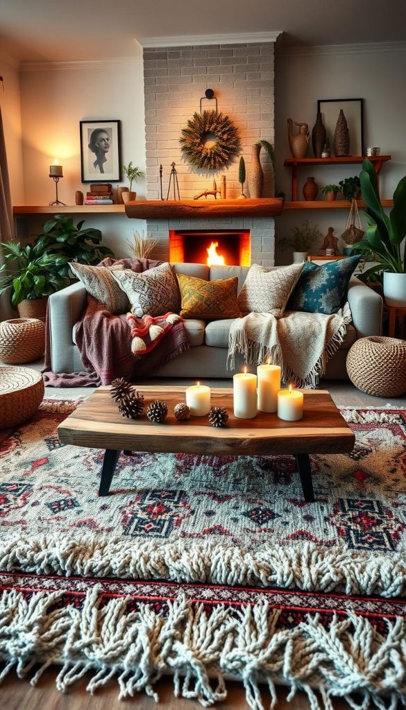 A cozy and inviting winter living room that artfully blends various styles: Scandinavian simplicity, Boho textures, Maximalism's vivid colors, and a touch of Castlecore elegance. In the foreground, a plush, layered rug with intricate patterns lays beneath a low wooden coffee table adorned with natural elements like pinecones and candles. The middle features a stylish sofa draped with soft throws and eclectic cushions, surrounded by potted plants and unique decor items that reflect diverse cultures. In the background, a warm fireplace glows gently, with soft, ambient lighting casting a comforting hue across the room. The overall atmosphere exudes warmth, creativity, and inspiration, perfect for a winter retreat. The brand name "KlickKiste" subtly incorporated into the decor for a more personalized touch.