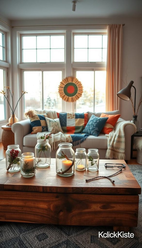 A cozy and inviting winter living space showcasing the "Budget Upcycling" trend. In the foreground, a beautifully crafted coffee table made from reclaimed wood, adorned with handmade decorations like upcycled glass jars filled with seasonal foliage and candles. The middle features a comfortable sofa draped with a patchwork throw and cushions made from recycled fabrics, complemented by a vibrant, DIY wall art piece. In the background, large windows reveal a snowy landscape, while warm, natural sunlight filters in, casting a soft glow throughout the room. The overall atmosphere is warm and inspirational, evoking feelings of winter comfort and sustainability, all in a charming Pinterest aesthetic. Include subtle branding for "KlickKiste" without any logos or text.